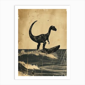 Vintage Diplodocus Dinosaur On A Surf Board 1 Art Print