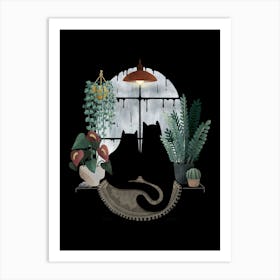 Rainy Day Cats On Black Art Print