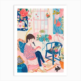 Girl Knitting Lo Fi Kawaii Illustration 1 Art Print