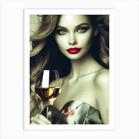 Green Eyed Girl With A Glass Of Golden Wine 2 Art Print