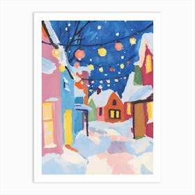 Late Night in Snowy Village Gouache Painting Art Print