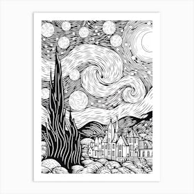 Line Art Inspired By The Starry Night 2 Art Print
