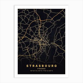 Strasbourg France Black And Gold Map Art Print