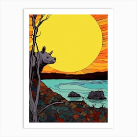 Linework Illustration With Rhino By The Sunset 4 Art Print