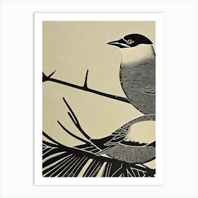 Cedar Waxwing 2 Linocut Bird Art Print