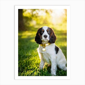 English Spaniel Puppy Radiating Adorableness Wearing A Shimmering Gold Collar Perched On A Lush G (5) Affiche