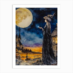 Witch Wishing Spell at Full Moon ~ Magical Fairytale Watercolour Art Print