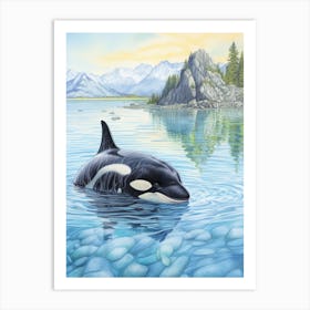 Pencil Crayon Style Illustration Of Orca Whale Coming Out Of Water Art Print