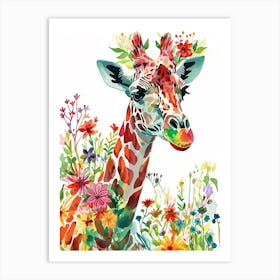 Giraffe With Flowers Watercolour 2 Art Print
