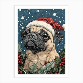 Pug Dog In Santa Hat Art Print