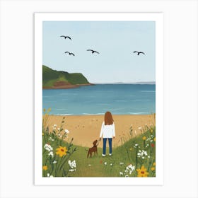 A Girl Walking Dog On The Beach By the Sea Art Print