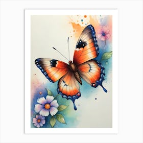 Watercolor Butterfly With Flowers Art Print