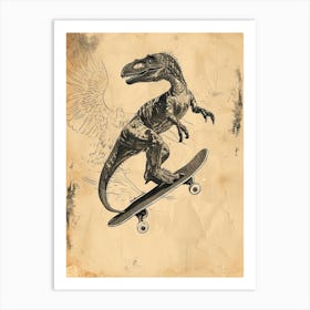 Vintage Sinornithosaurus Dinosaur On A Skateboard 4 Art Print