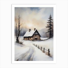 Rustic Winter Oil Painting Vintage Cottage (30) Art Print