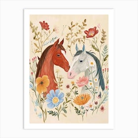 Folksy Floral Animal Drawing Horse 3 Art Print