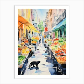 Food Market With Cats In San Francisco 3 Watercolour Art Print