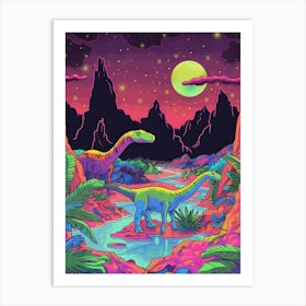 Neon Dinosaur At Night In Jurassic Landscape 4 Art Print