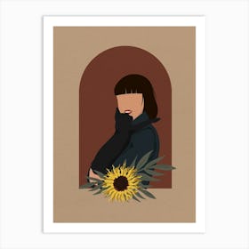 Minimal art Portrait Of A Woman Holding A Sunflower and Cat Art Print