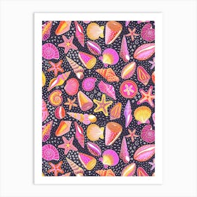 Scattered Seashells and Doodles Pink, Orange, and Yellow on Black Art Print