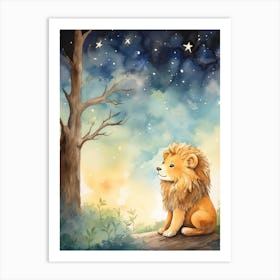 Stargazing Watercolour Lion Art Painting 2 Art Print