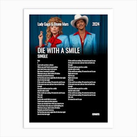 Die with a Smile - Lady Gaga & Bruno Mars - Lyrics Poster Art Print