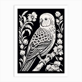 B&W Bird Linocut Budgerigar 3 Art Print