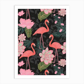 Flamingos Lotus Flowers Art Print