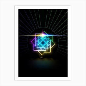 Neon Geometric Glyph in Candy Blue and Pink with Rainbow Sparkle on Black n.0035 Art Print