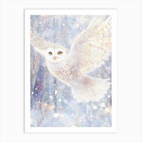 Snowy Flying Owl with Spread Wings. Watercolor Art Print