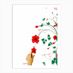 Hand Reaching For Flowers Vector, flower portrait, hand and flowers, orange flowers, flowers and vines, digital art, vector art Art Print