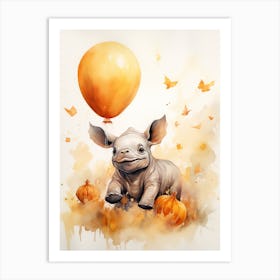 Rhino Flying With Autumn Fall Pumpkins And Balloons Watercolour Nursery 1 Art Print
