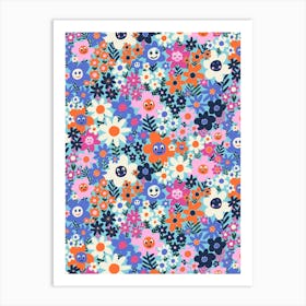 Vibrant Happy Meadow of Smiling Flowers Kids Art Print