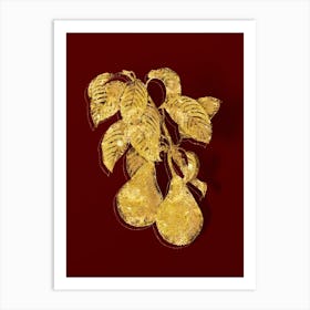 Vintage Pear Botanical in Gold on Red Art Print