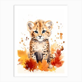 A Cheetah Watercolour In Autumn Colours 1 Art Print