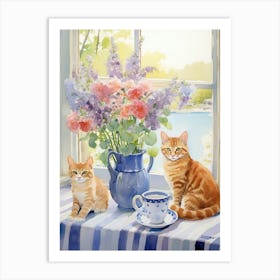 Cat With Lilly Of The Valley Flowers Watercolor Mothers Day Valentines 1 Art Print