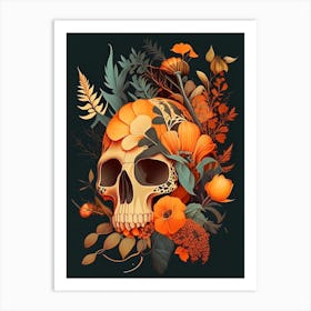 Skull With Floral Patterns 3 Orange Botanical Art Print