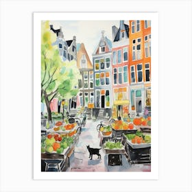 Food Market With Cats In Amsterdam 1 Watercolour Art Print