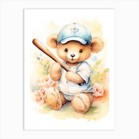Baseball Teddy Bear Painting Watercolour 3 Art Print