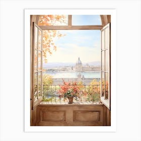 Window View Of Geneva Switzerland In Autumn Fall, Watercolour 3 Art Print