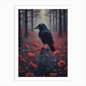 THE RAVEN Painting in Red Poppy Dark Aesthetic Woods on a Full Moon by Sarah Valentine Art Print