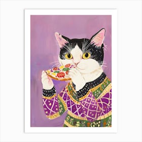 Happy Black And White Cat Eating Pizza Folk Illustration 3 Art Print