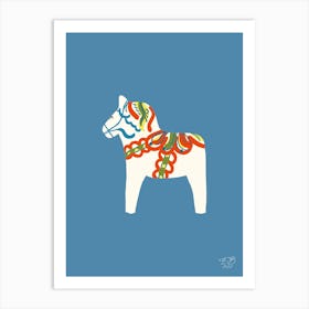 White Swedish Dalahorse On Blue Art Print