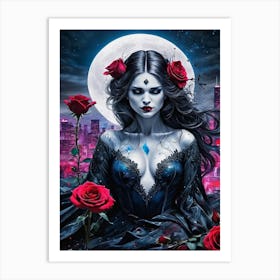 Slender Woman With Roses Art Print