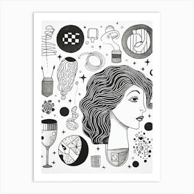 Woman Thoughts Black And White Line Art 4 Art Print