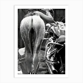 Naked Woman Washing Motorcycle Art Print