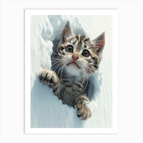 Cute Kitten Cat Peeking From Snow 5 Art Print