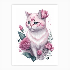Pink Floral Cat Painting (8) Art Print