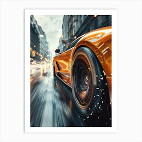 Orange Sports Car On A City Street Art Print