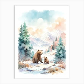 Watercolor Bears In The Mountains Art Print