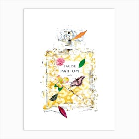 Gold French Parfum Perfume Bottle With Butterfly And Pretty Flowers Art Print